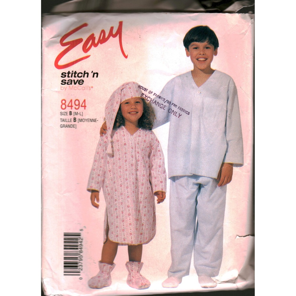 McCall's 8494 Stitch n Save Kids Pajamas Nightshirt Hat Booties Pattern Size M-L